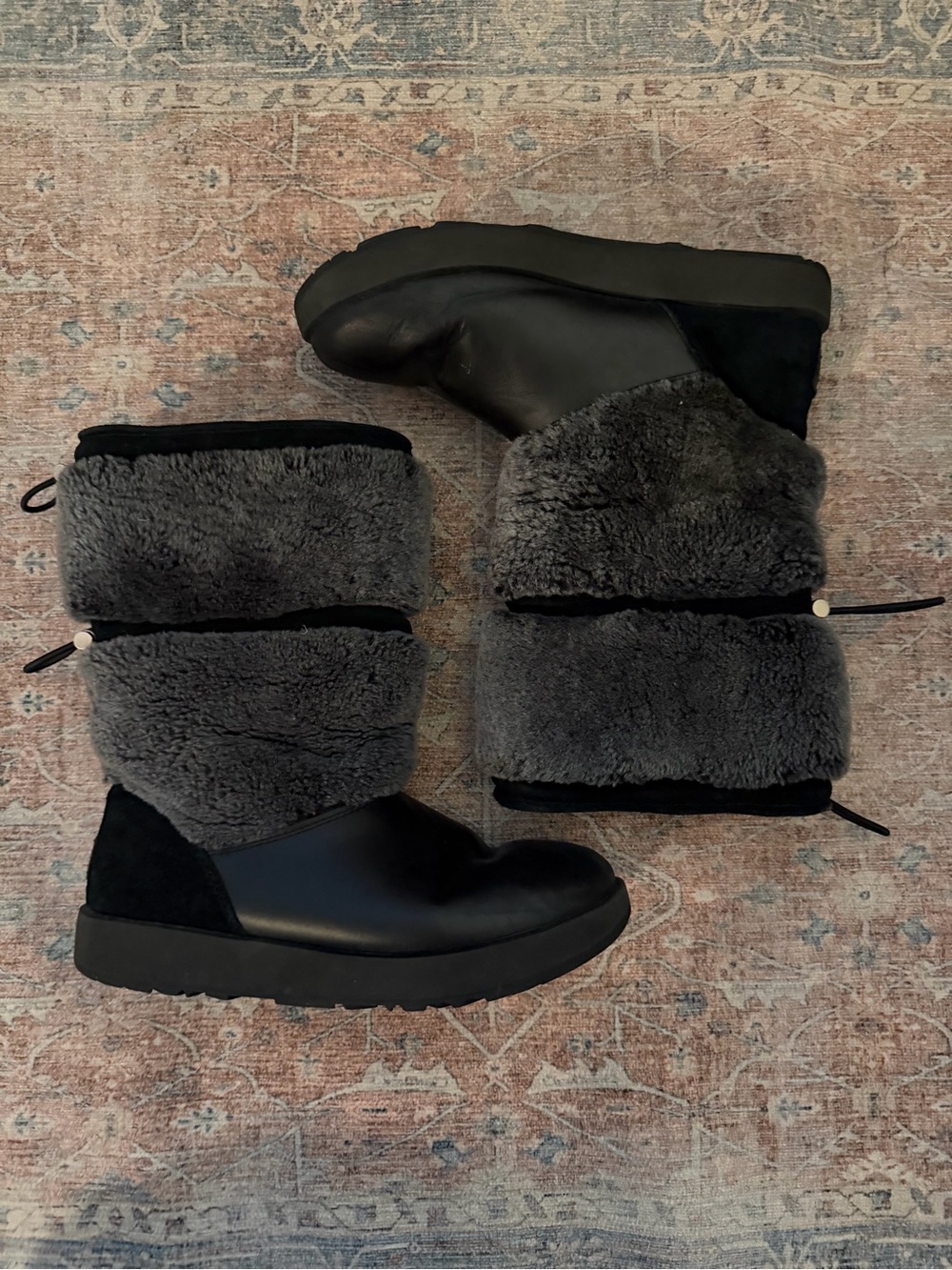 UGG Black Leather & Gray Faux Fur Winter Boots